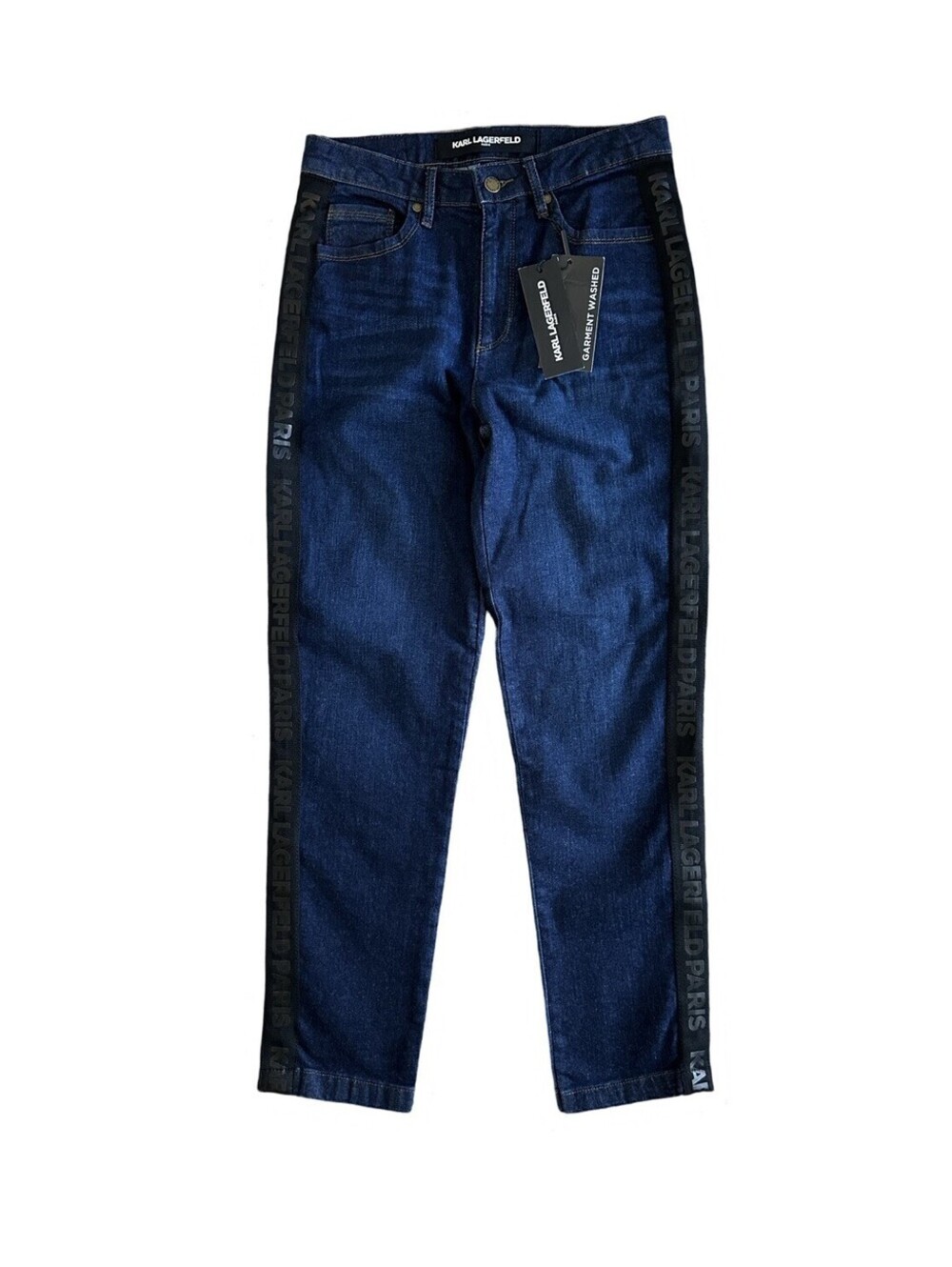 Karl Lagerfeld Paris Straight Leg Logo Black Taping Mid Rise Blue Jeans Size 4
